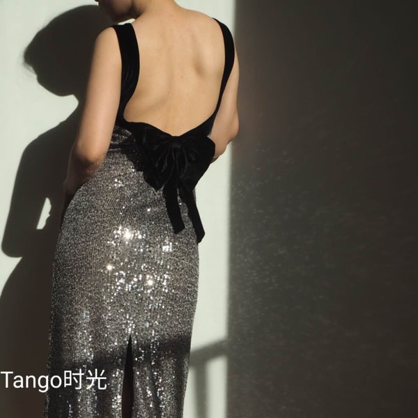 Tango sequin dress with black velvet bow