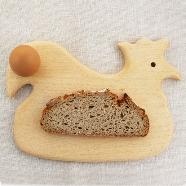 Frühstücksbrettchen aus Holz mit Tiermotiv Huhn inkl. Eierhalter, Schneidebrett für Kinder