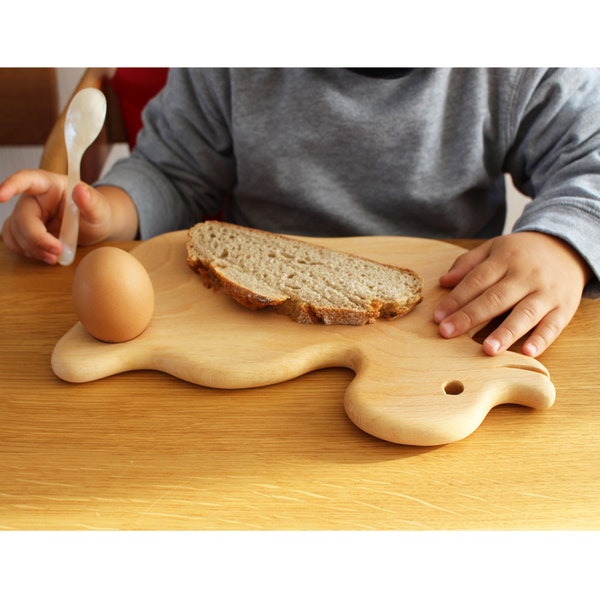 Frühstücksbrettchen aus Holz mit Tiermotiv Ente inkl. Eierhalter für Kinder, Kinderbretter