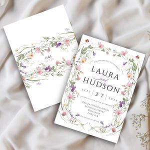 Summer Wildflower Wedding Invitation Set, Whimsical Floral Invitation Suite Template, Field Flowers Wedding Invite, Garden wedding Invite