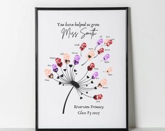 Best teacher thank you gift, class teacher gift, printable thank you teacher gift ideas, fingerprint dandelion teacher print, canva template