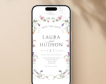 Digital Wildflower Save the Date, Digital Watercolour flowers Save the Date, Wedding digital invitation, Digital Download phone invite