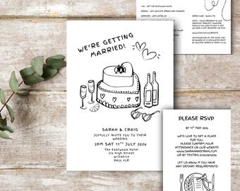 Hand Drawn Wedding Invitation Template Doodle Scribble Illustrations Handwritten Wedding Invitation RSVP Printable Unique Wedding Invites Uk