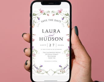Digital Invite Electronic Save the Date, Wildflower Save the Date E-invite Template, Electronic Save The Date Digital, Download Text Message
