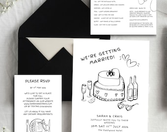 Illustrated Wedding Suite Template Hand Drawn Scribble Illustrations Handwritten Wedding Invitation RSVP Printable Unique Wedding Invites A5
