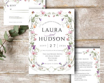 Wildflower Wedding Invitation Template, Printable Wedding Invitation, Wedding Invitation, Boho Wildflower Invitation, Floral Wreath,