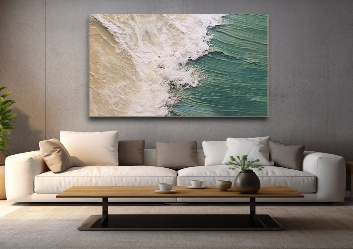Large Blue 3D Textured Coast Wall Art Wave Painting Ocean Canvas