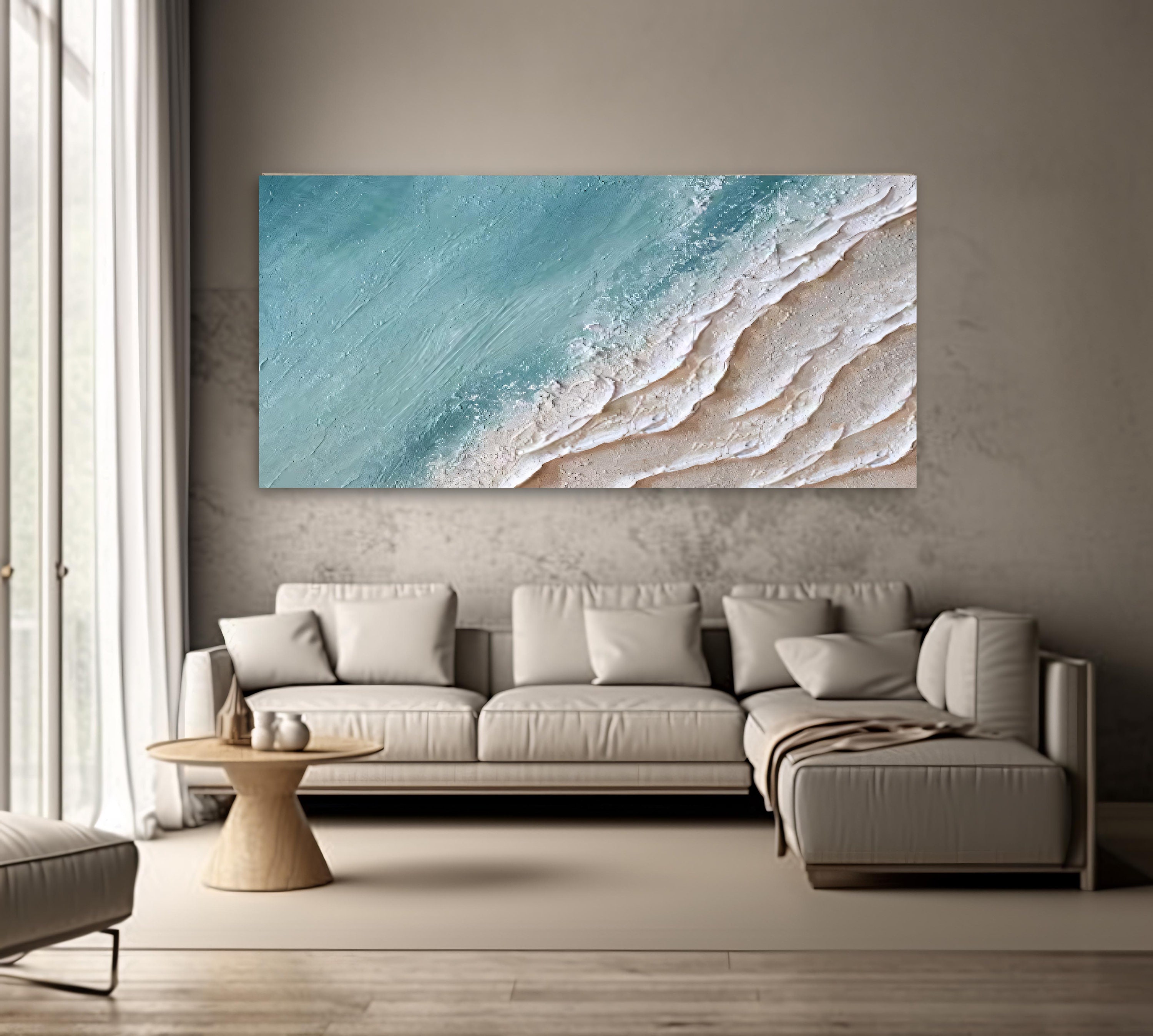 Large 3D Textured Coast Wall Art Wave Painting Framed Blue Beach Wall
