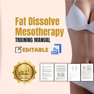 Può includere: Un manuale di formazione per la mesoterapia sciogli-grasso con icone di documenti modificabili e un sigillo dorato Best Choice. Il testo recita Fat Dissolve Mesotherapy TRAINING MANUAL ed EDITABLE. Quattro pagine mostrano diagrammi anatomici.