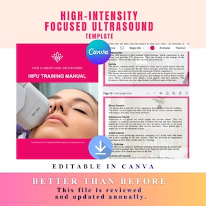 Puede incluir: Una plantilla rosa y blanca para un manual de capacitación sobre ultrasonido focalizado de alta intensidad (HIFU). La plantilla incluye una foto de una persona recibiendo tratamiento, con el texto "Editable in Canva" y "Better Than Before".