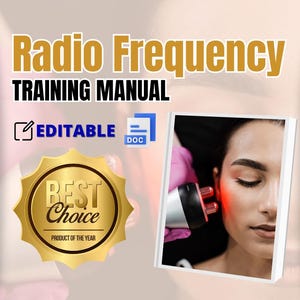 Puede incluir: Un manual de formación para tratamientos de radiofrecuencia, con un sello de estrella dorada que dice "Mejor Elección Producto del Año". La portada muestra a una mujer recibiendo un tratamiento facial con un dispositivo de luz roja.