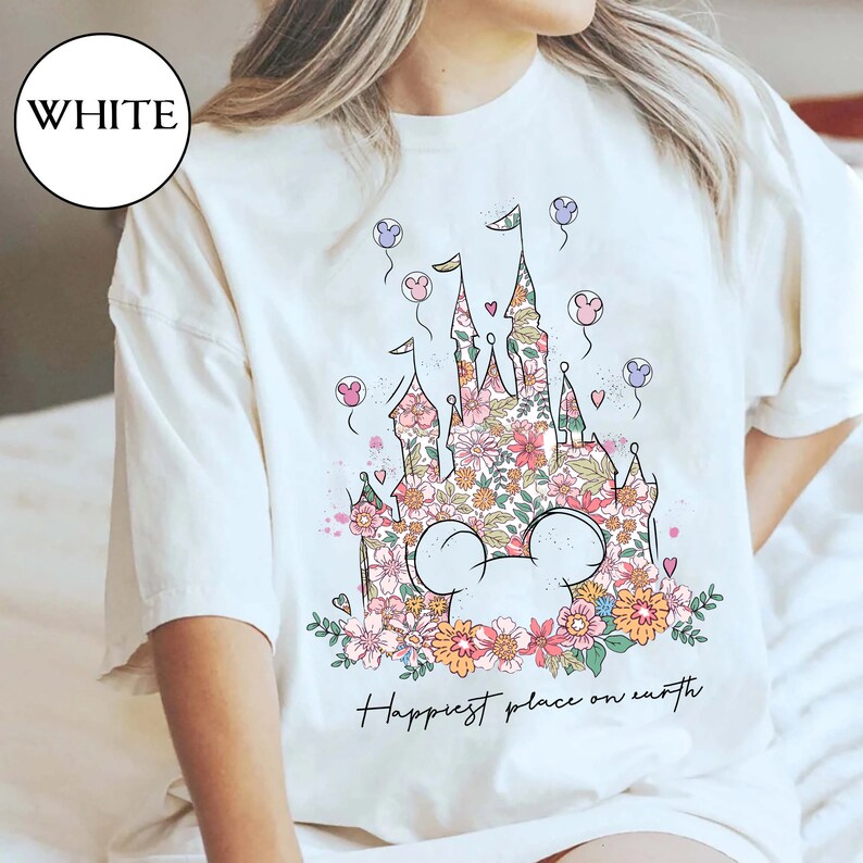 Happiest Place on Earth Shirt, Disney Castle Floral Shirt, Vintage Disney Shirt, Magic Kingdom Shirt, Disneyland Shirt, Comfort Colors Shirt image 3