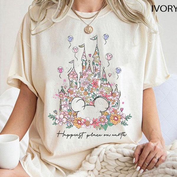 Happiest Place on Earth Shirt, Disney Castle Floral Shirt, Vintage Disney Shirt, Magic Kingdom Shirt, Disneyland Shirt, Comfort Colors Shirt