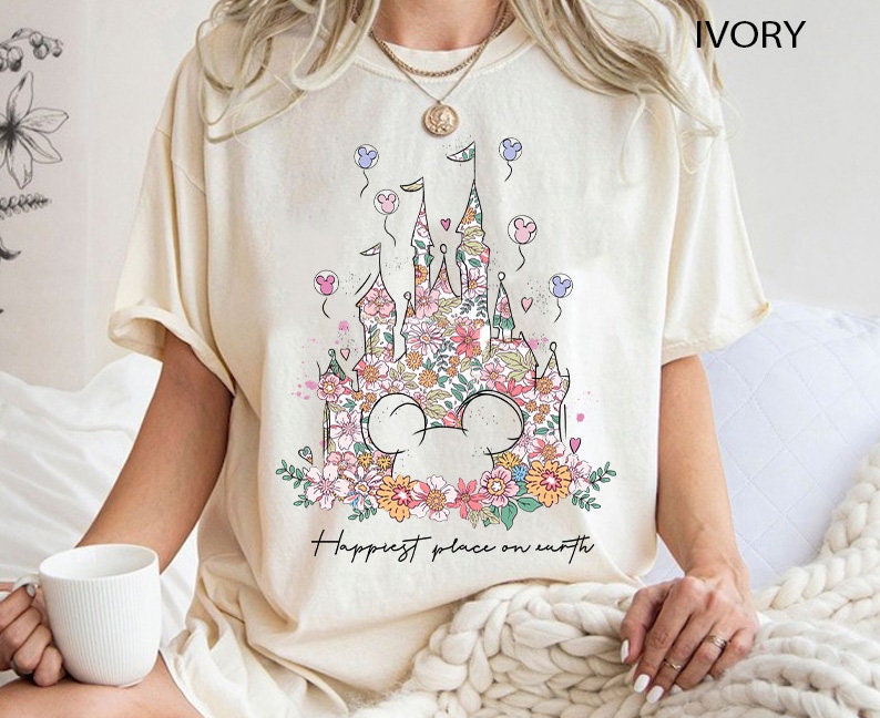 Happiest Place on Earth Shirt, Disney Castle Floral Shirt, Vintage Disney Shirt, Magic Kingdom Shirt, Disneyland Shirt, Comfort Colors Shirt image 1