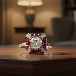 Art Deco Ruby Ring, Old European Cut CZ Stone Ring, Milgrain Vintage Inspire Ring, Antieke Verlovingsring, Edwardiaanse Retro Trouwring