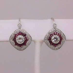 Antique Pink Ruby Earring, Round & Baguette Cut CZ Stone Earring, Art Deco Earring, Vintage Inspire Dangle Earring, Anniversary Gift Earring
