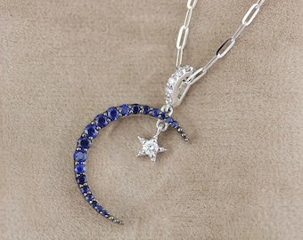 925er Silber Halbmond Mond Anhänger, Weiß & Blau Rundschliff CZ Stein Mond Stern Anhänger, Weihnachtsgeschenk Anhänger, Frau Hochzeitsanhänger