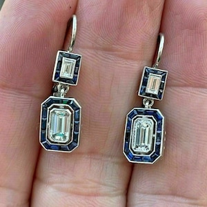 Filigree Vintage Style Earring, Two Stone Halo Earring, Emerald With Baguette Cut CZ Stone Dangle Earring, Woman's Antique Sapphire Earring