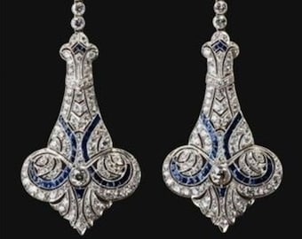 Circa 1920&#39;s Art Deco Earring, Round & Blue Baguette Cut CZ Stone Drop Earring, Vintage Inspire Wedding Earring, Anniversary Gift Earring