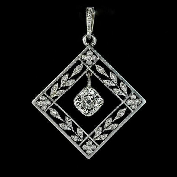 Openwork Square Shape Pendant, Art Deco Floral-Leaf Inspire Pendant, Old Mine Cut Moissanite Diamond Vintage Pendant, Edwardian Jewelry