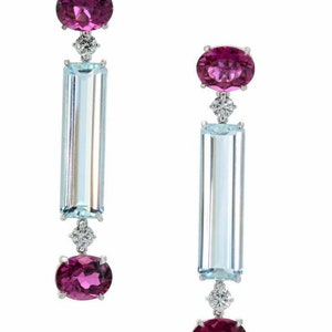 Pendientes colgantes rectangulares alargados con circonita cúbica rosa rubí ovalada. Pendientes de fiesta, pendientes de novia, pendientes de piedras preciosas.