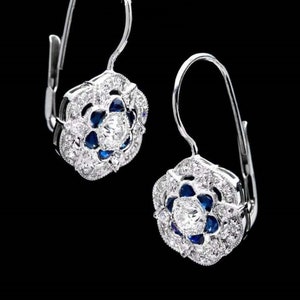 Round With Sapphire Fancy Stone Earring, Woman's Dangle Earring, Antique White Gold Earring, Art Deco Earring, Woman's Vintage Retro Earring