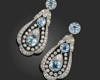 Antique Leaf Motif Art Nouveau Earrings, Aquamarine Gemstone Party Wear Earrings, Round CZ Stone Edwardian Earrings, Art Deco Drop Earrings