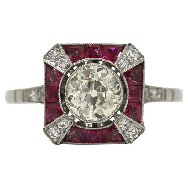 Antique Ruby Diamond Ring, Old European Cut CZ Diamond Ring, 14K Gold Vintage Ring, Art Deco Engagement Ring, Edwardian Retro Wedding Ring