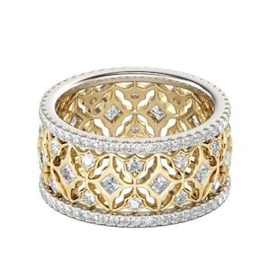 Gold & Silber zweifarbiges Band, Princess Cut Moissanit Diamant Voll Eternity Band, Art-Deco-Verlobungsring, breiter Bandring, Ehering Bandring