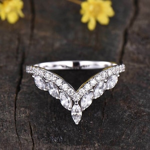 Marquise & Round Moissanite Diamond Band, 925 Silver Chevron Band, V-Shape Engagement Band, Unique  Wedding Band, Birthday Gift Ring For Her