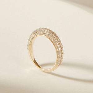 Pave Set Dome Ring, Round Cut Moissanite Diamond Wedding Ring, 14K Yellow Gold Engagement Ring, Proposal Ring For Her, Anniversary Gift Ring