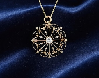 Antique Victorian Snowflake Pendant, Old European Cut Moissanite Diamond Pendant, Vintage Style Art Deco Pendant, Edwardian Filigree Pendant