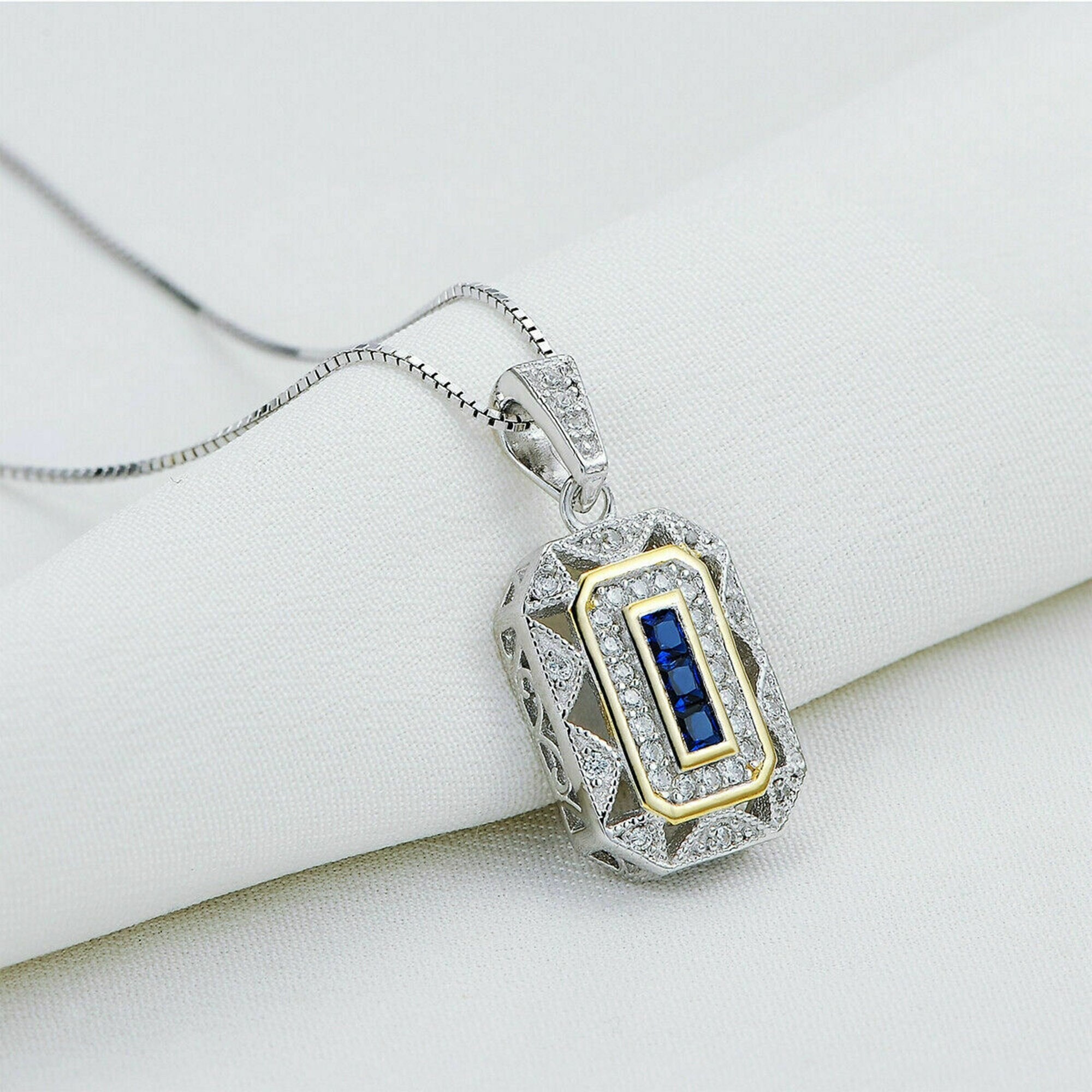 Blauer Saphir-Edelsteinanhänger, antiker Art-Deco-Anhänger für Frauen, zweifarbiger Goldhochzeitsanhänger, runder Baguetteschliff-CZ-Steinanhänger