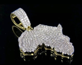 Pave Diamant Afrika Karte Anhänger, runder Moissanit Diamant Anhänger, Afrika Kontinent Umriss Karte Anhänger, Gelbgold Anhänger für Männer oder Frauen