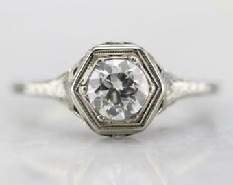 Filigree Art Deco Wedding Ring, Round Cut Moissanite Diamond Vintage Style Ring, Antique Retro Solitaire Ring, Mid Century Ring For Women