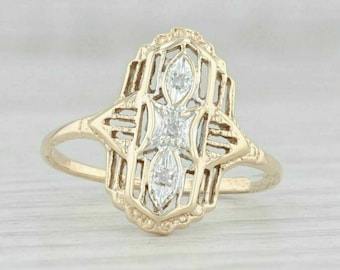 Vintage Style Art Deco Ring, Round Cut Moissanite Diamond Ring, Three Stone Engagament Ring, Retro Filigree Ring, Edwardian Wedding Ring
