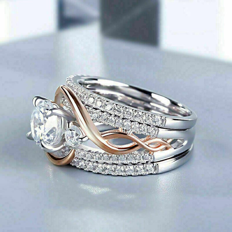 Two Tone Gold Engagement Ring Set, Twisted Swirl Style Ring Set, Round ...