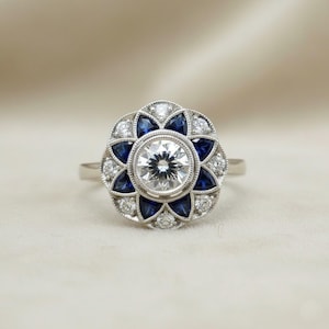 Anel de casamento Art Déco antigo dos anos 1930, anel de noivado com estilo floral, anel vintage com zircônia cúbica azul de corte sofisticado e redondo, anel para uso diário.