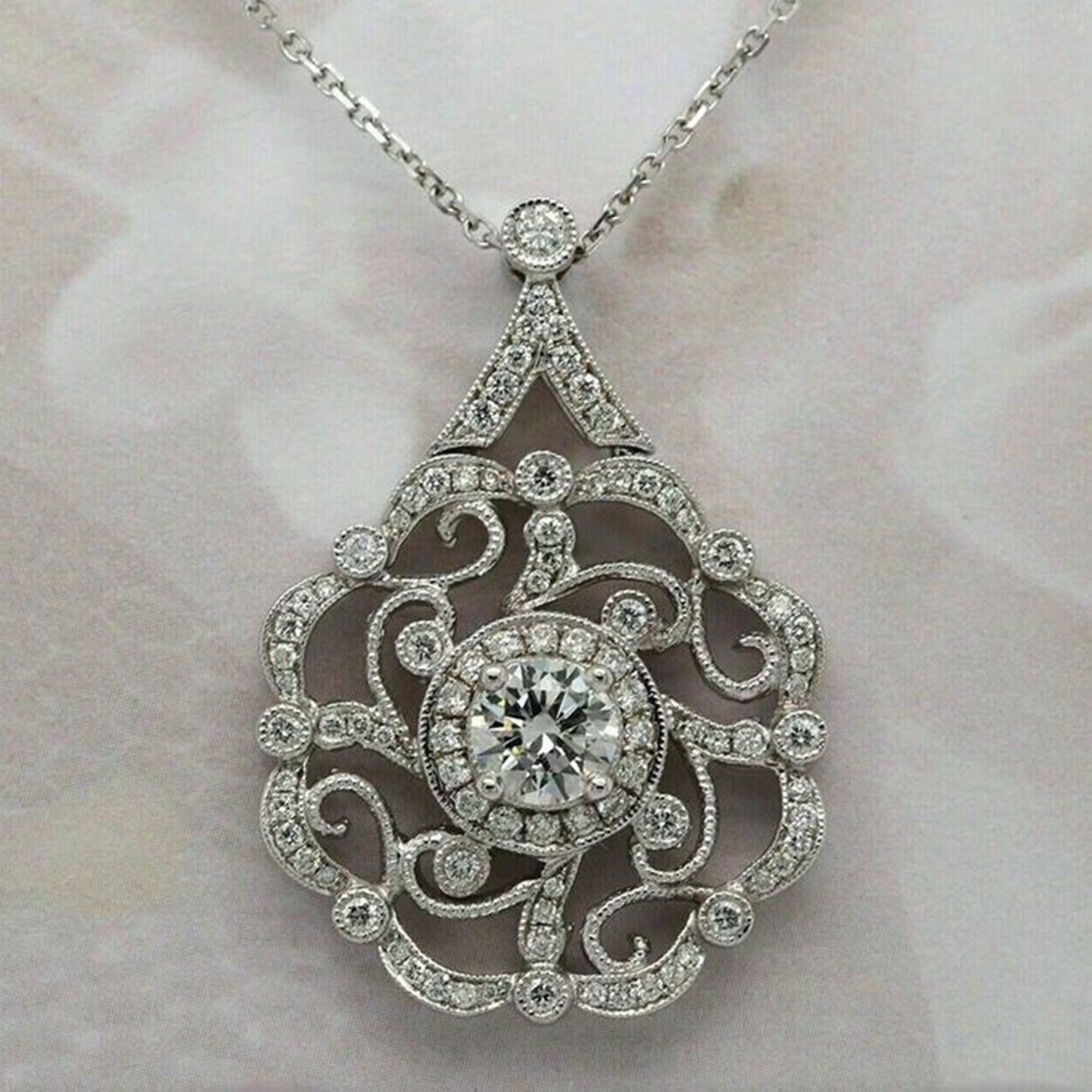 Open Work Filigree Necklace, Round Moissanite Diamond Pendant Necklace, Antique Art Deco Necklace, 925 Silver Vintage Style Wedding Pendant