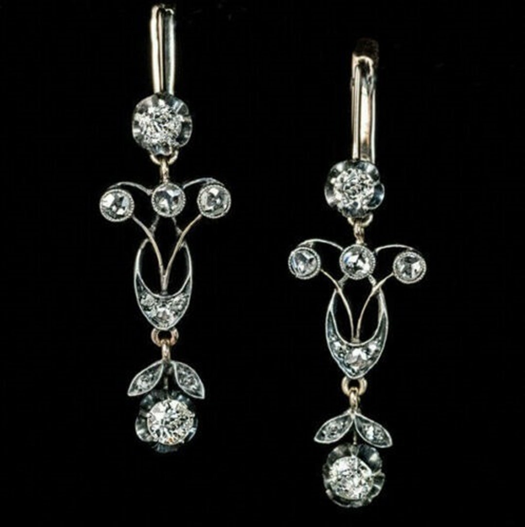 Old European Cut CZ Stone Edwardian Earring, Antique Leaf Inspire Vintage Earring, Openwork