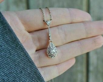 Art Deco Pendant Necklace, Round Cut Moissanite Diamond Wedding Necklace, Antique Engagement Necklace, Vintage Inspire Drop Pendant For Her