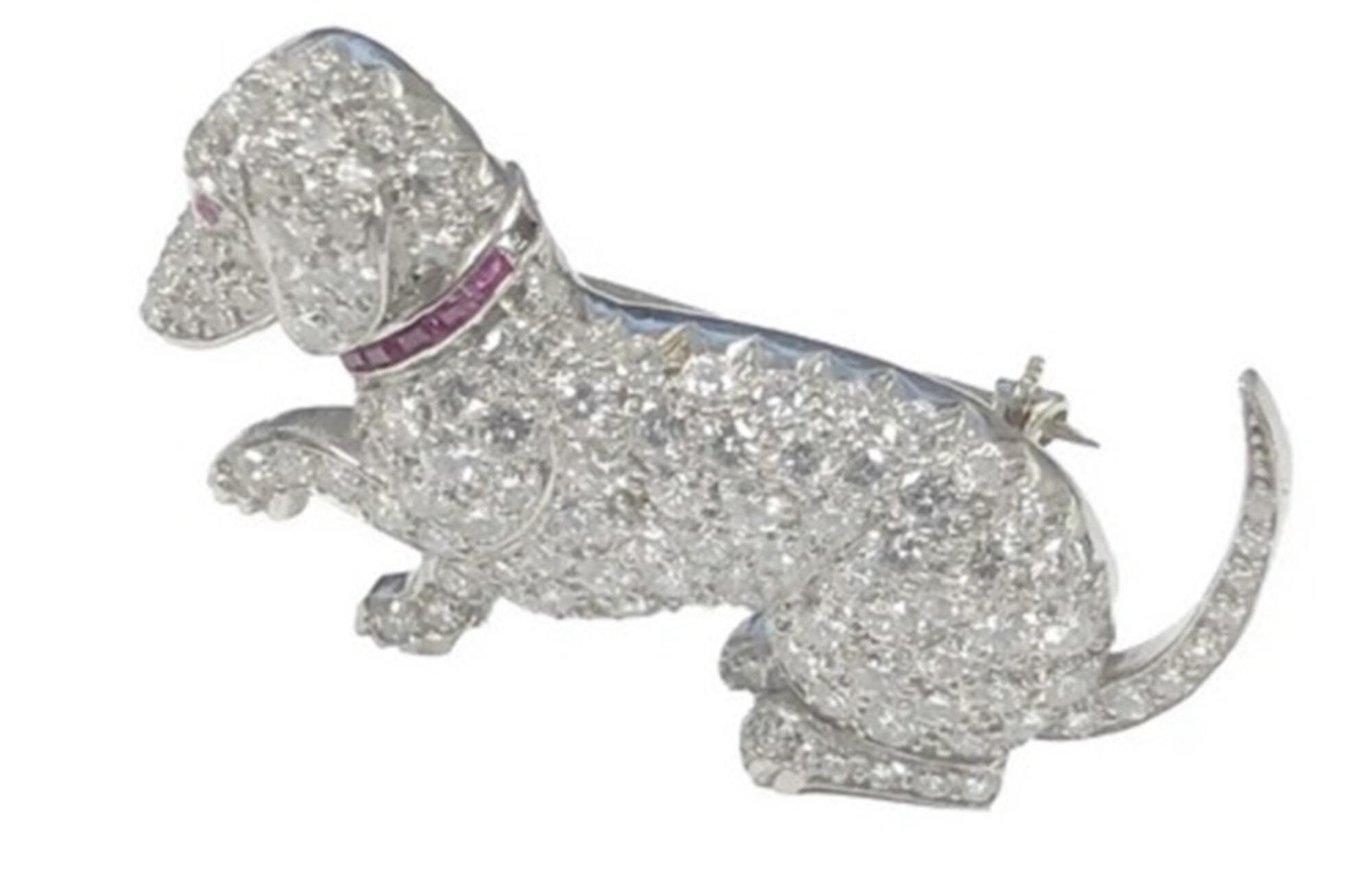 Whimsical Dachshund Dog Brooch, Round & Pink Ruby Baguette Cut CZ Stone Unisex Brooch, Pave Set Dog Brooch, Animal Inspire Antique Brooch