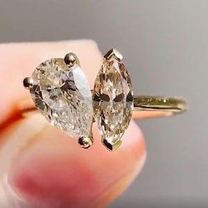 Marquise With Pear Cut Moissanite Diamond Ring, Yellow Gold Toi Et Moi Ring, Two Stone Proposal Ring, Classic Engagement Ring, Birthday Gift