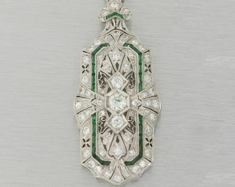 Vintage Inspire Filigree Necklace, 1920&#39;s Art Deco Necklace, Old European With Green Baguette Cut CZ Stone Necklace, Antique Wedding Pendant