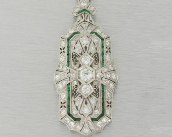 Vintage Filigree Pendant, 1920's Art Deco Pendant, Old European With Green Baguette Cut Diamond Pendant, Antique Designer Wedding Pendant