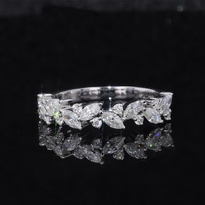 Leaf Inspire Half Eternity Band, Marquise & Round Cut Moissanite Diamond Band, Unique Engagement Band, Stackble Wedding Band, Birthday Gift