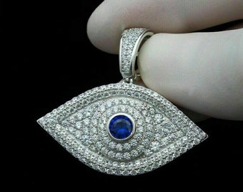 925 Silver Evil Eye Protection Pendant, Blue Sapphire & White Round Cut CZ Stone Evil Eye Pendant, Pave Set Pendant, Birthday Gift Pendant