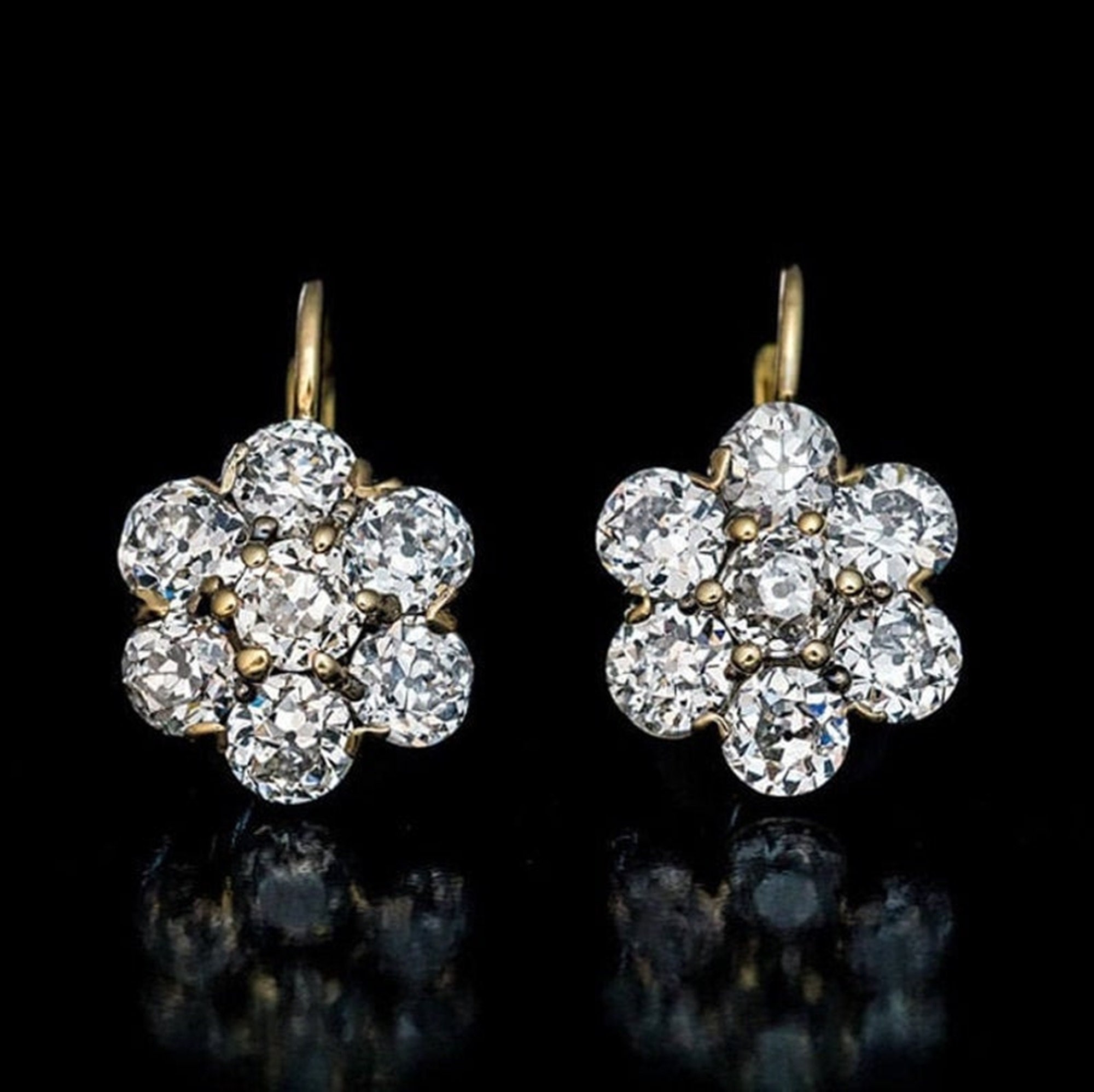 Vintage Style Floral Drop Earring, Antique Old European Cut Moissanite Diamond Earring, Halo Cluster Set Drop Earring, Wedding Gift Earring