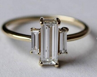 Baguette Cut Moissanite Diamond Engagement Ring, Dainty Three Stone Ring, 14K Gold Past Present Future Ring, Classic Anniversary Gift Ring