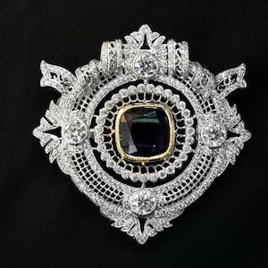 Two Tone Vintage Style Brooch, Cushion & Round CZ Stone Brooch, Art Deco Sapphire Brooch, Party Wear Brooch For Her, Antique Filigree Brooch